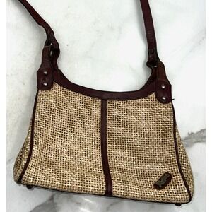 VTG John Romain Shoulder Bag Women's Purse Tan 7" Leather Tweed Adjustable Strap